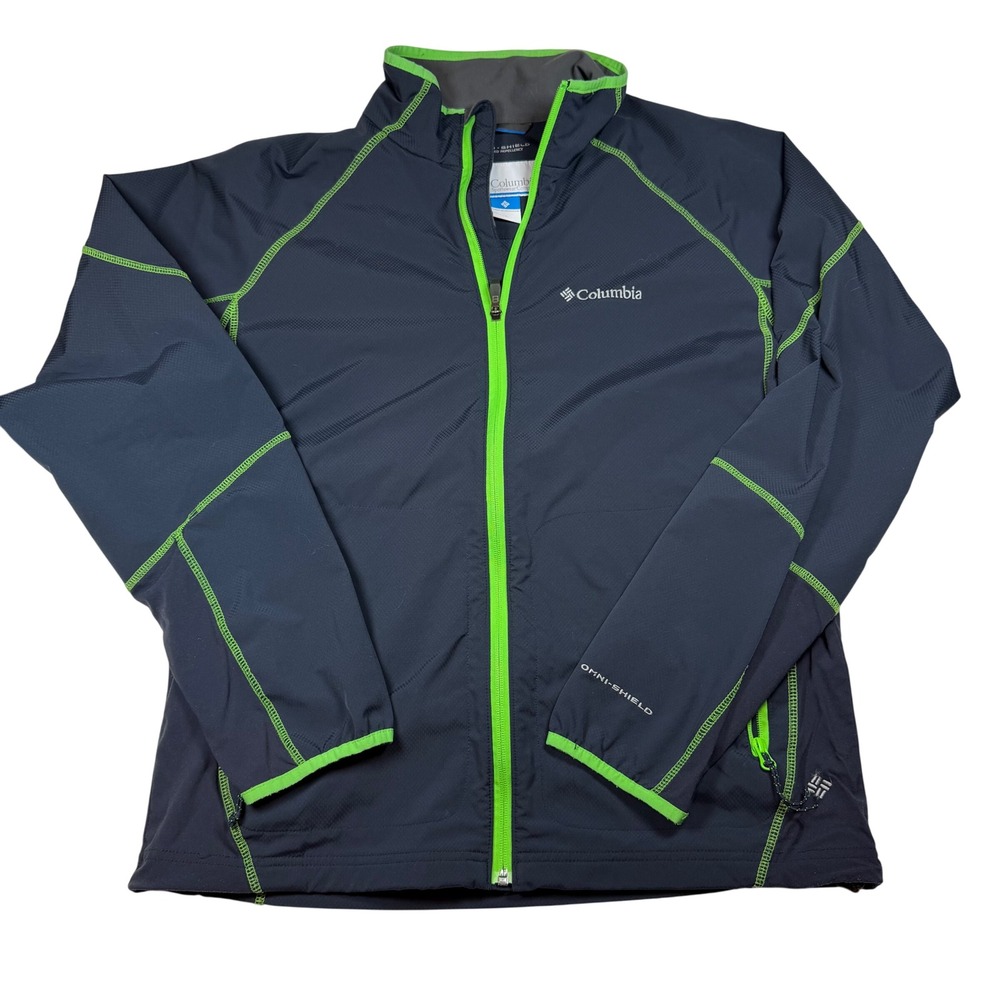 Columbia Omni-Shield Mens Large Softshell Jacket Navy Blue Neon Green Full Zip